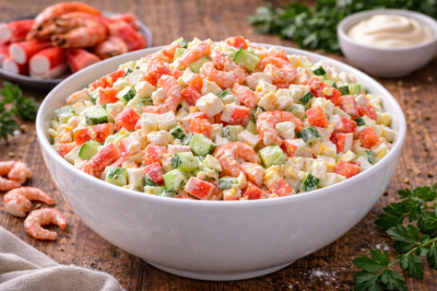 Никакого риса и кукурузы: салат &laquo;Заморский&raquo; &mdash; хит на все времена и застолья. Трио крабовых палочек, креветок и рыбы