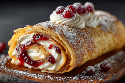 Проще и вкуснее меренгового рулета: финский блин с кремом на сгущенке и вишней