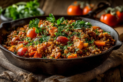 Гречка по-итальянски: с мясным фаршем, луком и морковью. Томлю с томатной пастой &mdash; сочно, сытно, идеальный ужин